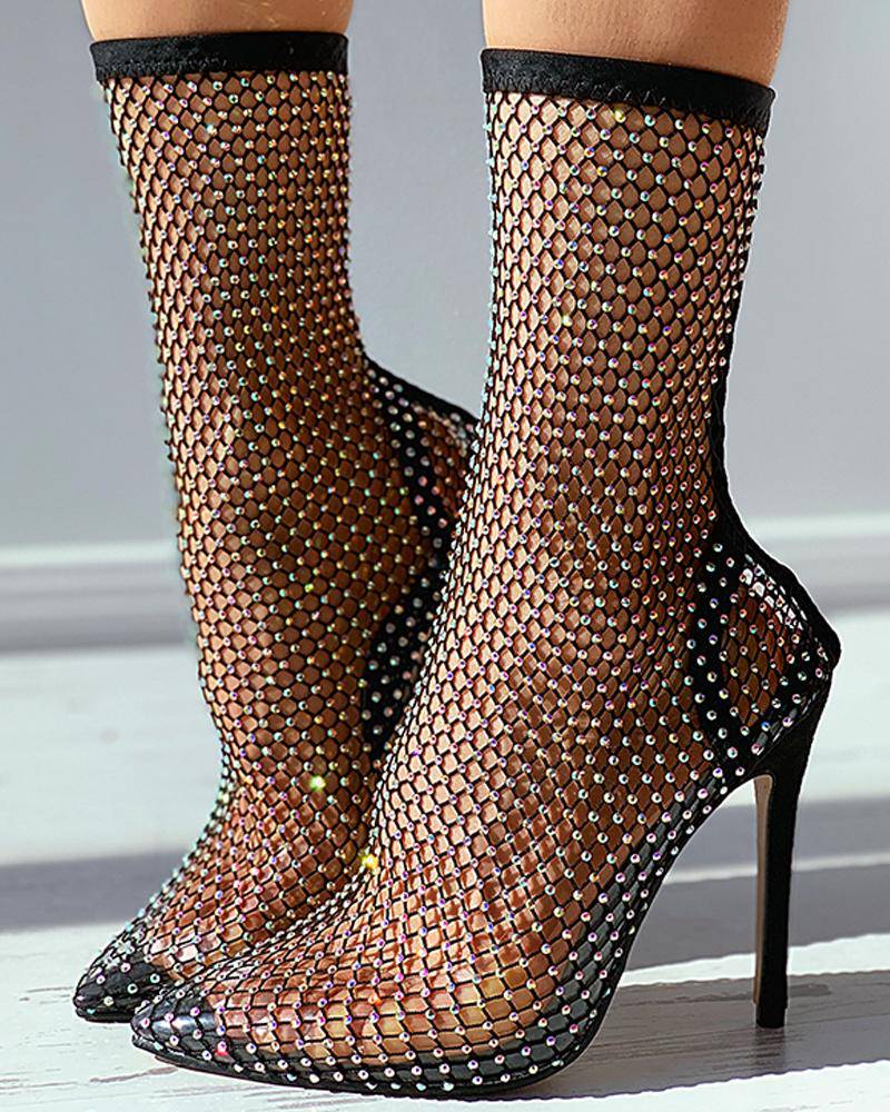 Fishnet Mesh Rhinestone Stiletto Heel Boots