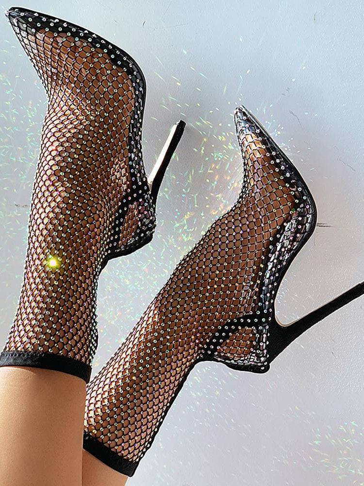 Fishnet Mesh Rhinestone Stiletto Heel Boots