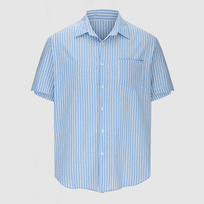 Men's Casual Cotton Linen Striped Short Sleeve Shirt