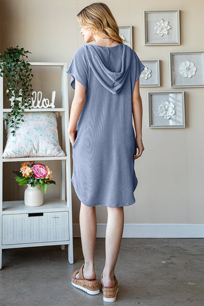 Full Size Ribbed Short Sleeve Hooded Dress