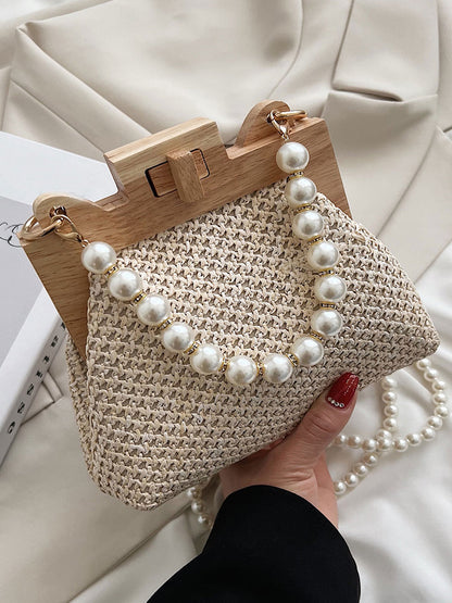 Women's Pearl Decor Twist Lock Straw Bag