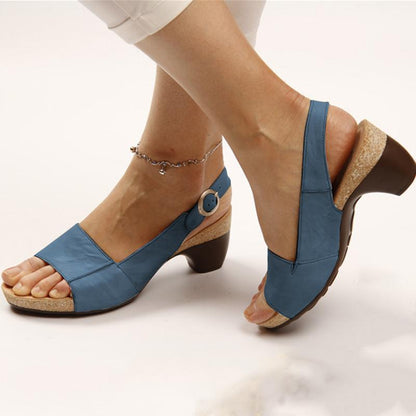 Women's Solid Color Chunky Heel Buckle Sandals