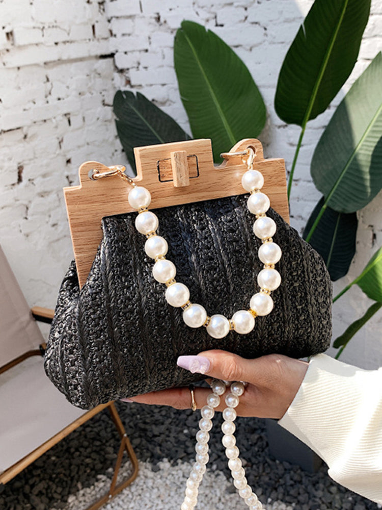 Women's Pearl Decor Twist Lock Straw Bag