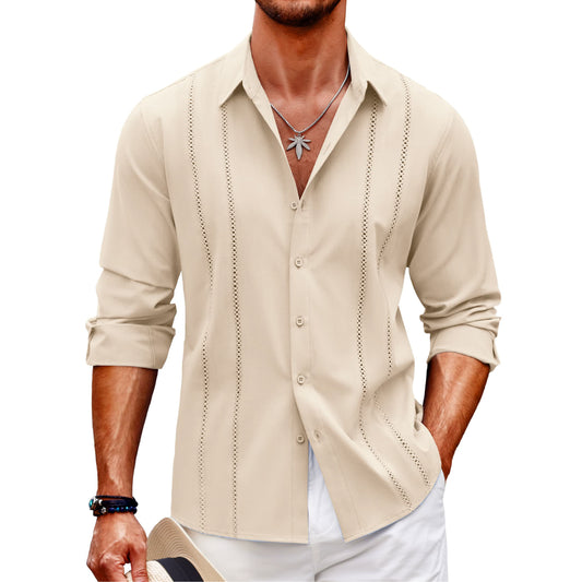 Men's Comfortable Breathable Cuban Casual Button Up Long Sleeve Beach Linen Shirt