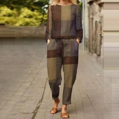 Women's Plaid Long Sleeve Top Casual Pants Two-Piece Cotton And Linen Suit