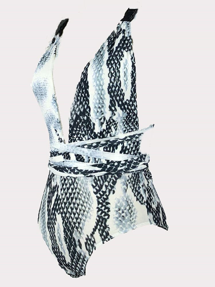 Deep V Printed One Piece Swimsuit