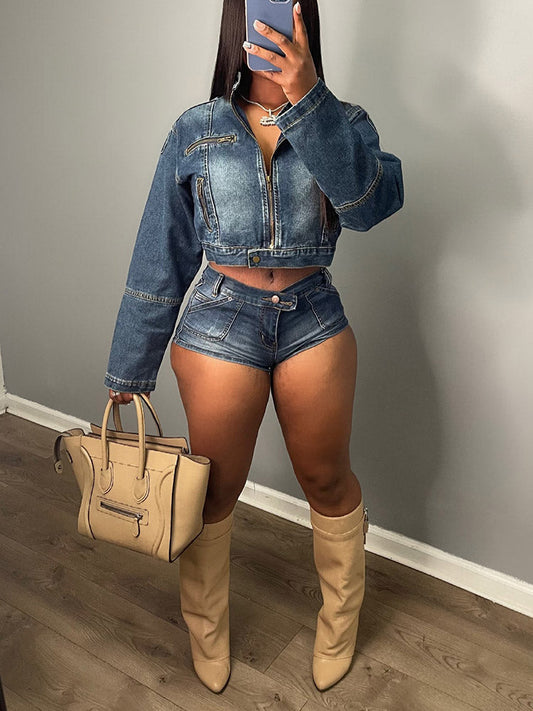 Denim Crop Jacket  Shorts Set