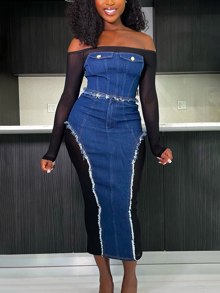 Denim Mesh Skirt Set