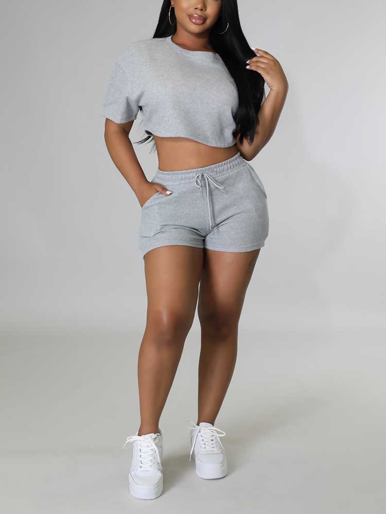 Crop Top Drawstring Shorts Set