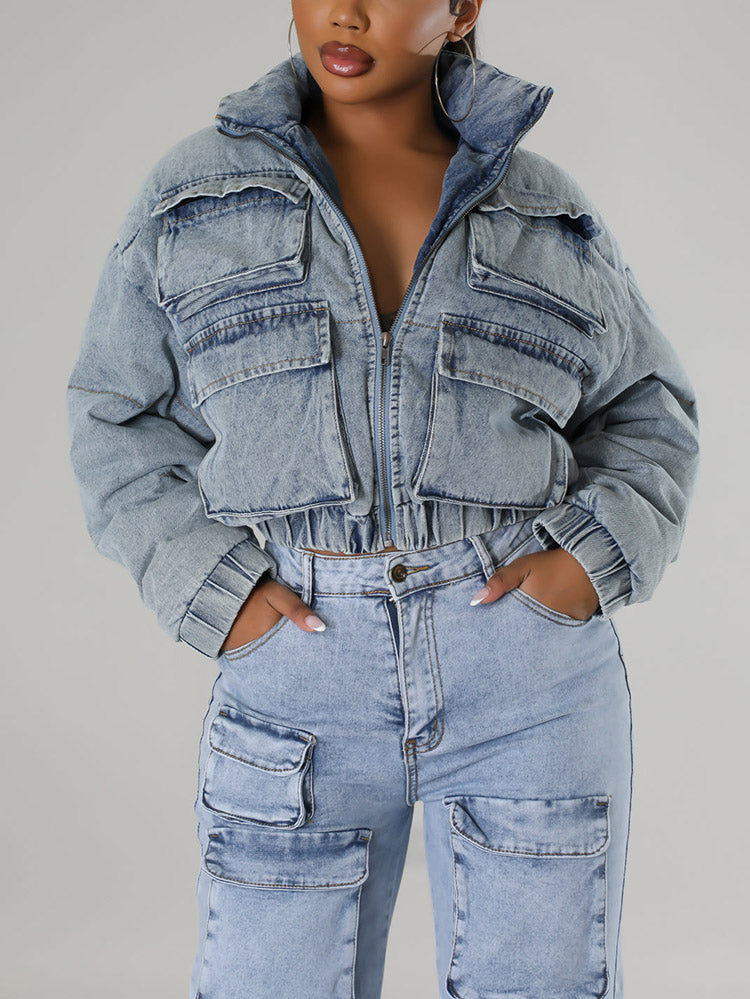 Denim Cargo Pockets Puffer Jacket