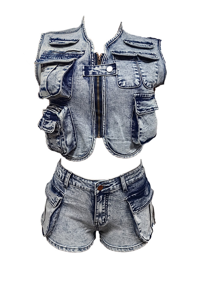 Denim Cargo Vest  Shorts Set