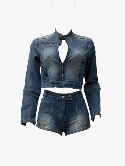 Denim Crop Jacket  Shorts Set