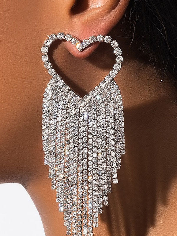 Women's Rhinestone Heart Tassel Drop Earrings