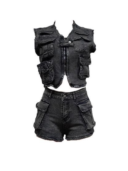 Denim Cargo Vest  Shorts Set