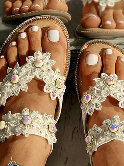 Flower Pearls Flat Sandals