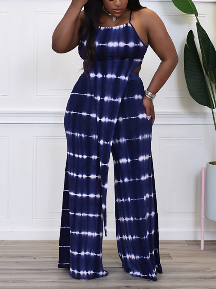 Print Asymmetrical Top Wide Leg Pants Set