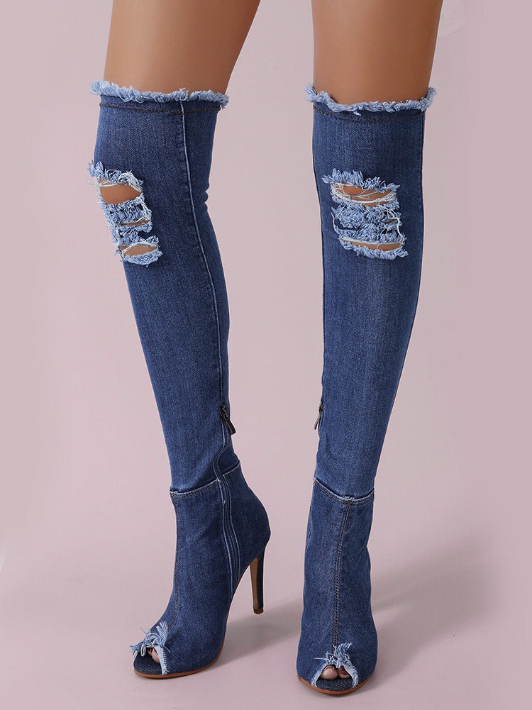 Peep Toe Over The Knee Denim Boots