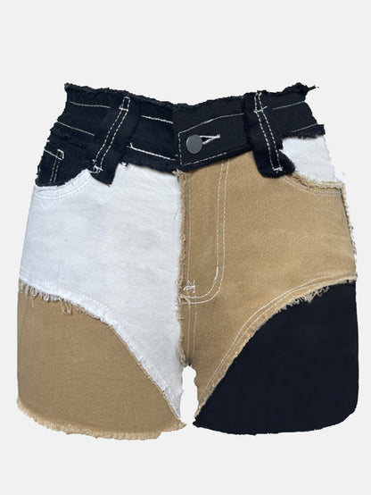 Colorblock Raw Hem Denim Shorts