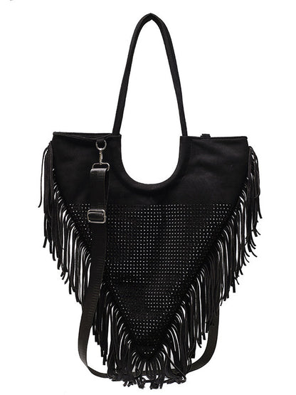 Women's Rhinestone Decor Fringe Trim Shoulder Bag