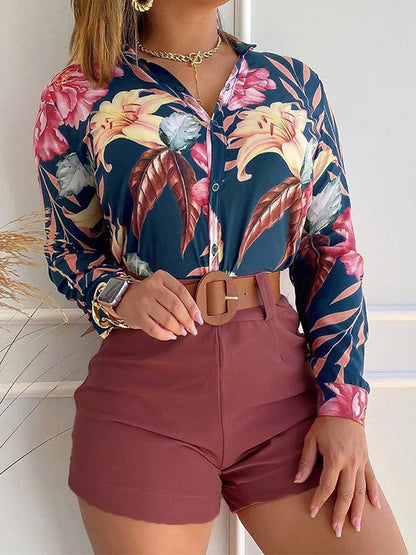 Floral Print Blouse And Short Set