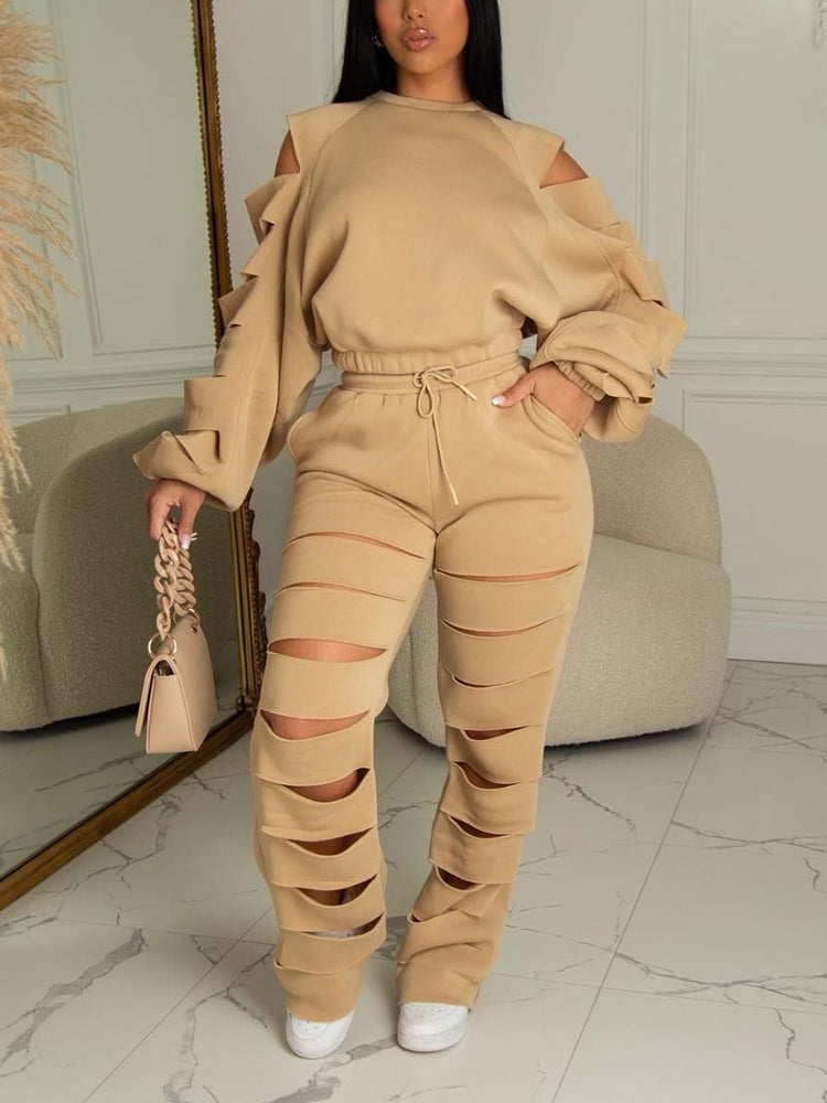 Cutout Sleeve Top Pants Set