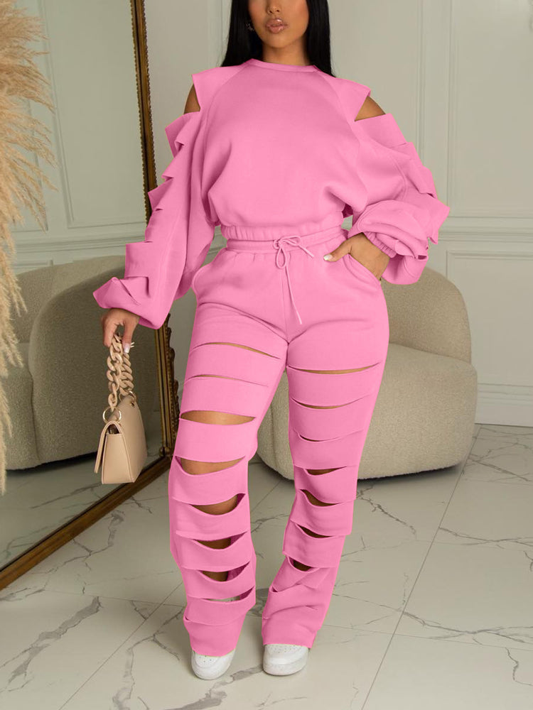 Cutout Sleeve Top Pants Set