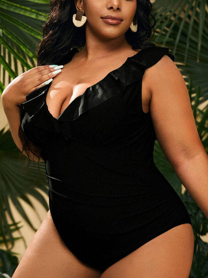 Ruffle Solid Color One Piece Swimsuit