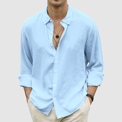 Men's summer casual button-up shirt long sleeve solid color holiday shirt