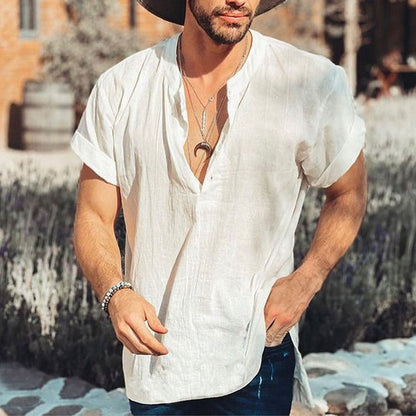 Men's round neck linen short sleeve shirt