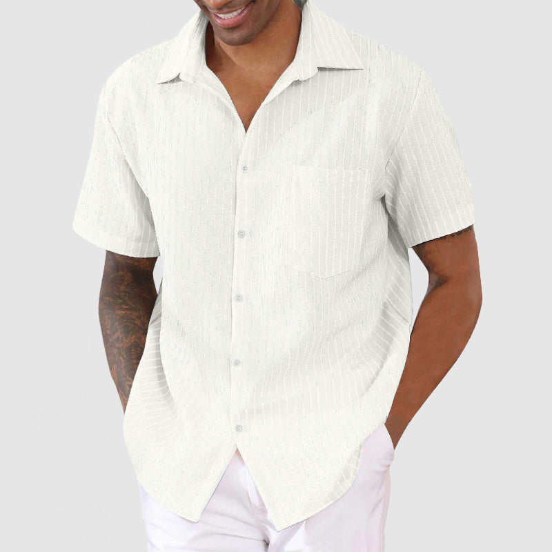 Men's Casual Cotton Linen Striped Short Sleeve Shirt