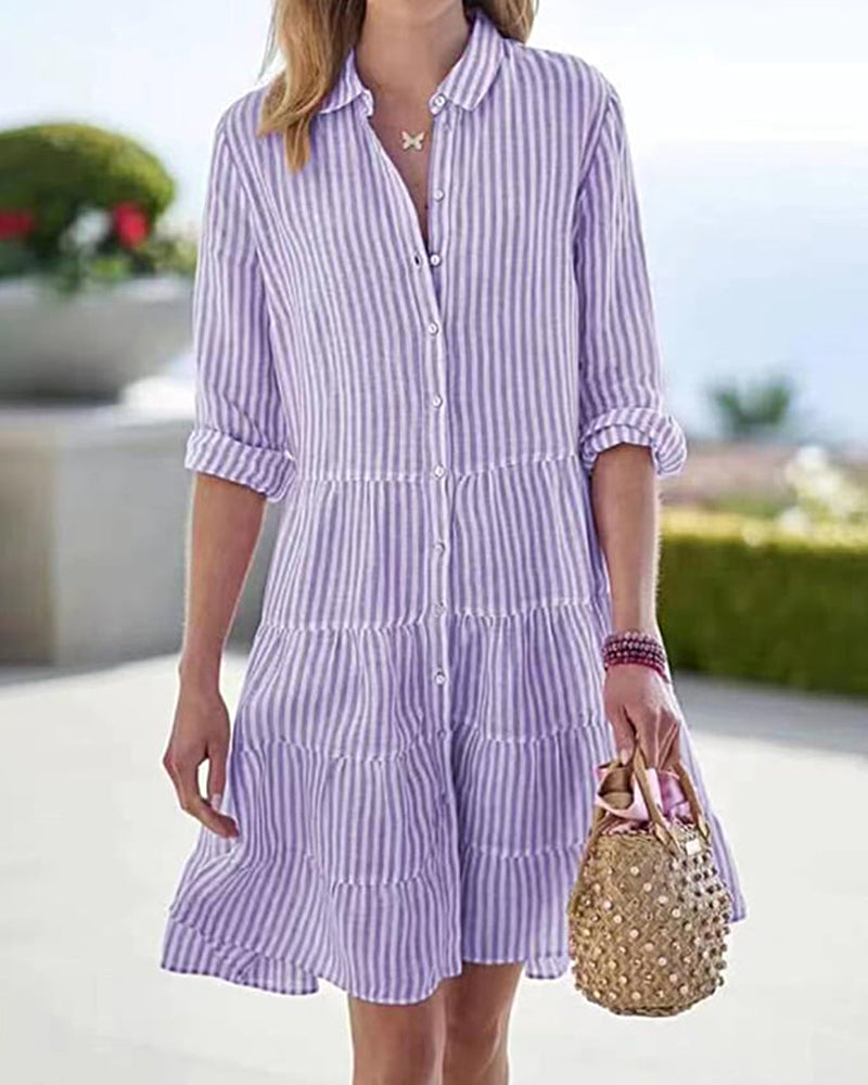 Long Sleeve Lapel Stripe Layered Panel Hem Shirt Dress