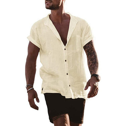 Men's Cotton Linen Solid Loose Short Sleeve Pocket Simple Casual Shirt