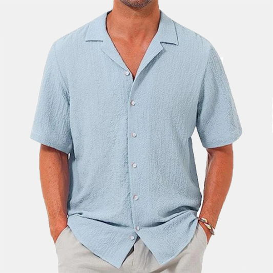 Men's lapel casual solid color short sleeve button linen shirt