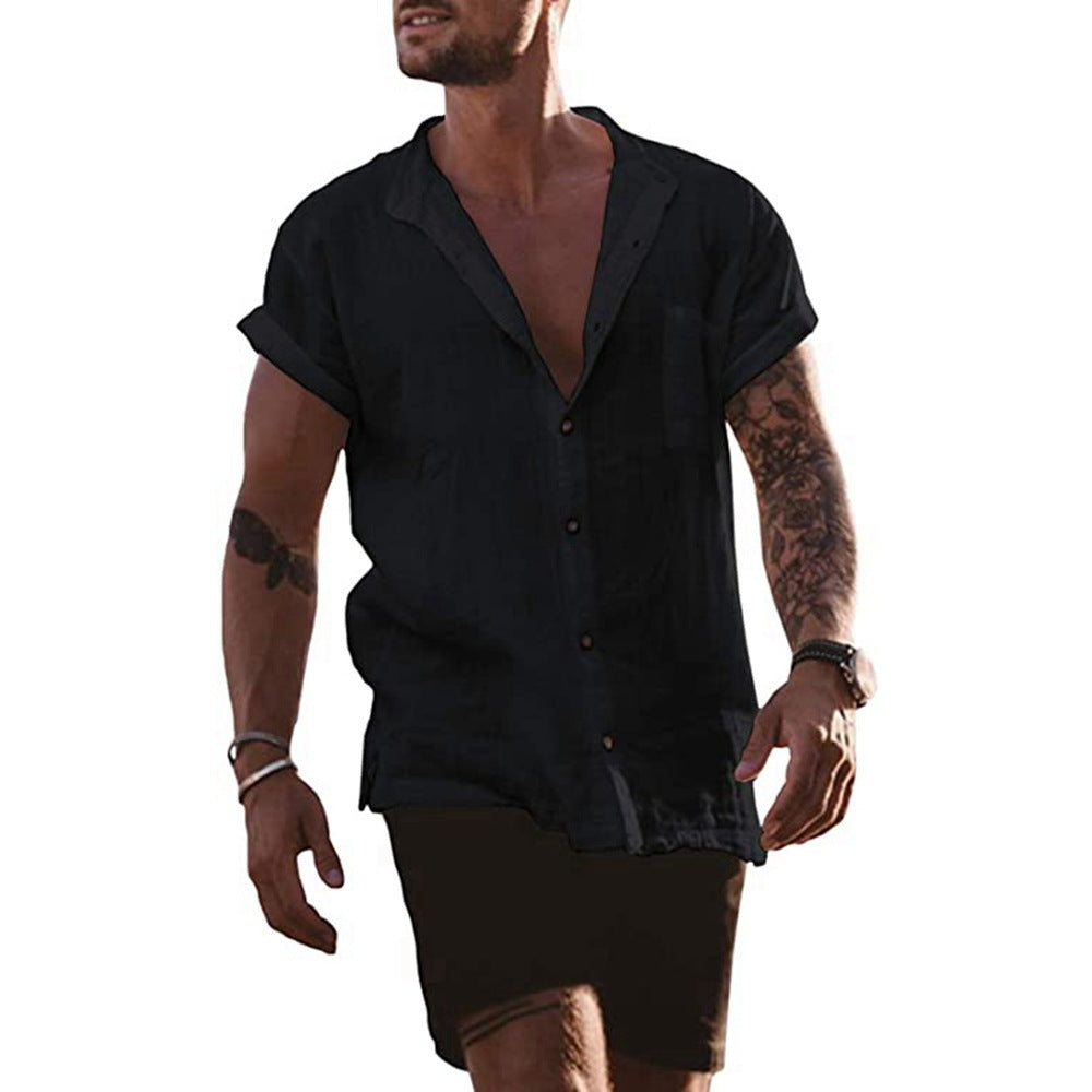 Men's Cotton Linen Solid Loose Short Sleeve Pocket Simple Casual Shirt