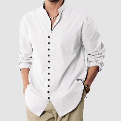 Gentleman's Standing Collar Button Down Cotton Linen Shirt