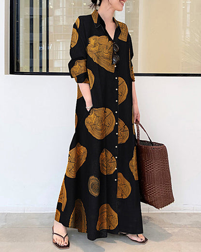 Color Block Long Sleeve Linen Long Dress Printed Contrast Loose Plus Size Maxi Dresses