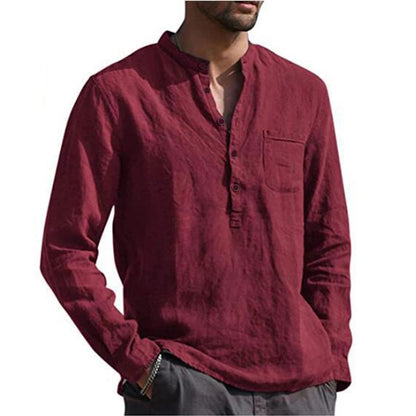 Men's Cotton Linen Summer Solid Color  Stand-Up Collar Long-Sleeved Shirts