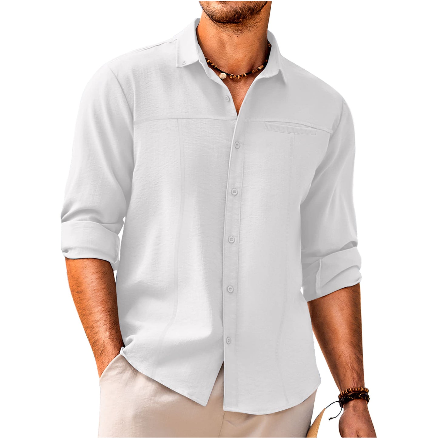 Men's Casual Button Down Linen Shirt With Pocket