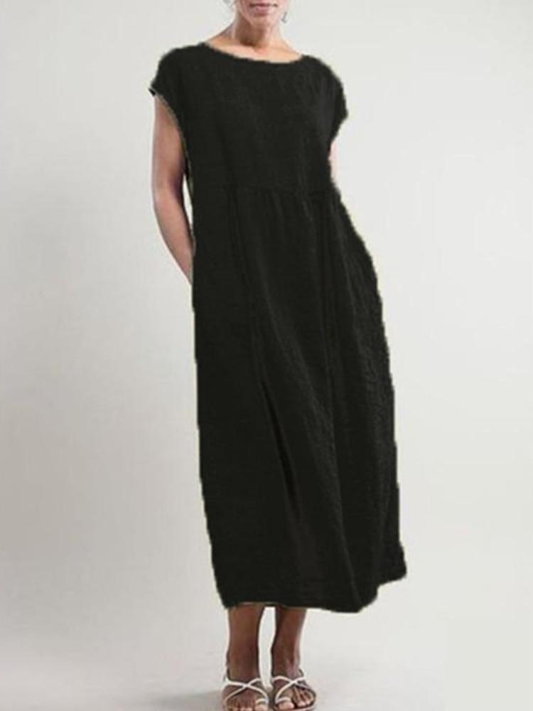 Solid Color Loose Cotton And Linen Pocket Dress