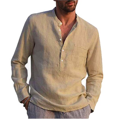 Men's Cotton Linen Summer Solid Color  Stand-Up Collar Long-Sleeved Shirts