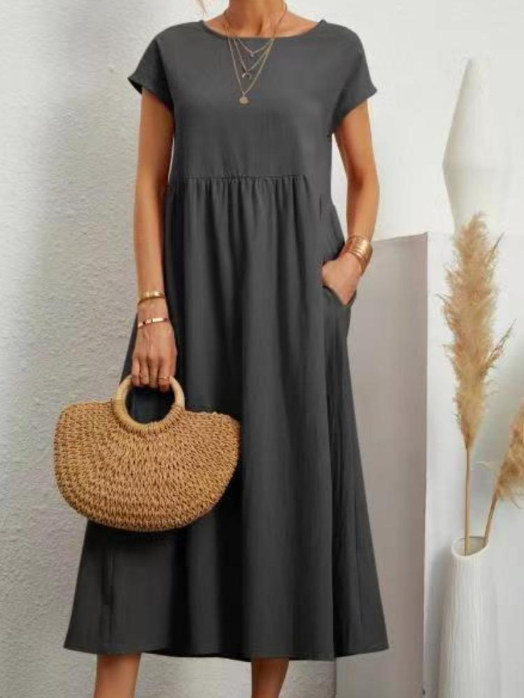 Solid Color Loose Cotton And Linen Pocket Dress