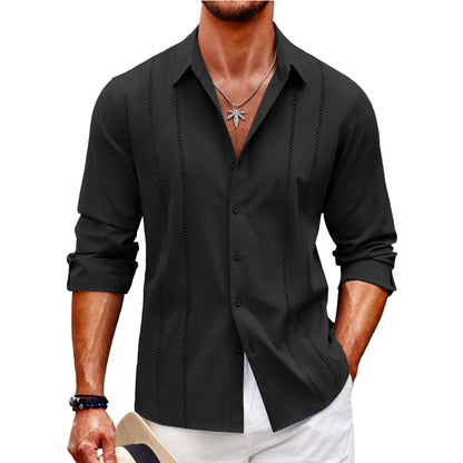 Men's Comfortable Breathable Cuban Casual Button Up Long Sleeve Beach Linen Shirt