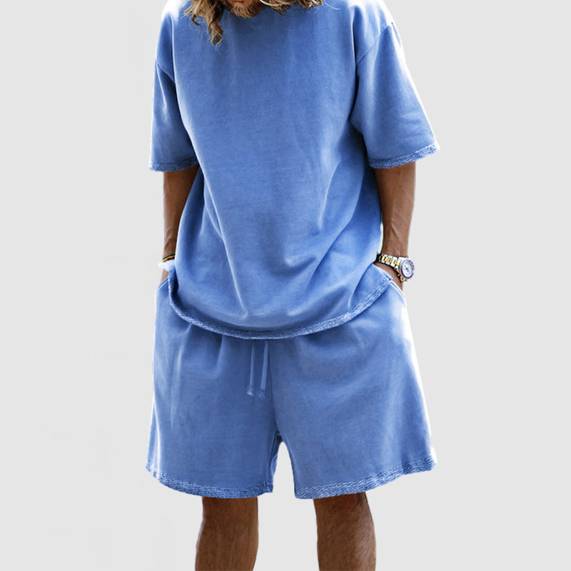 Men's Basic Casual Cotton Round Neck Shorts Two Piece Set