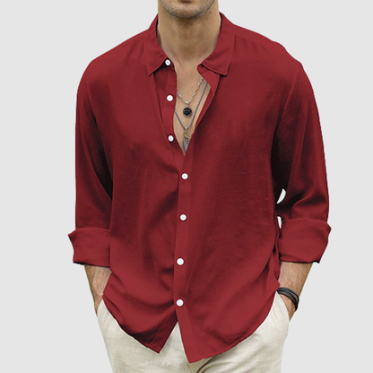 Men's summer casual button-up shirt long sleeve solid color holiday shirt