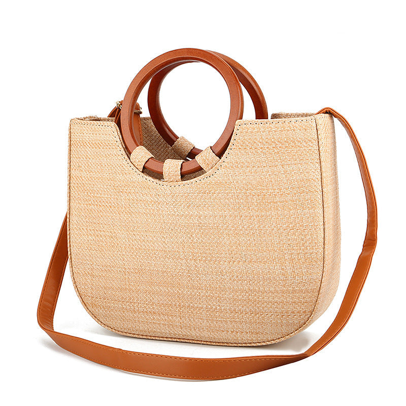 Women's Wooden Handle Handbag Straw Shoulder Bag for Women