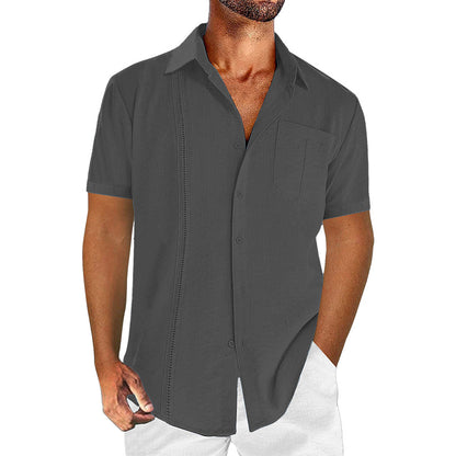 Casual solid color men's linen cotton short sleeve shirt