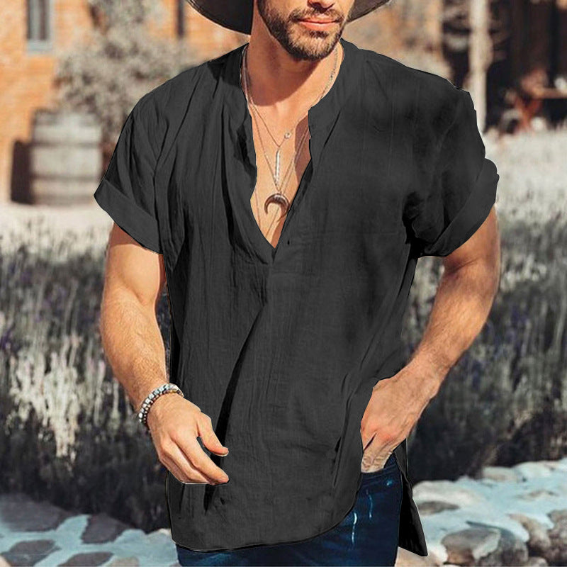 Men's round neck linen short sleeve shirt