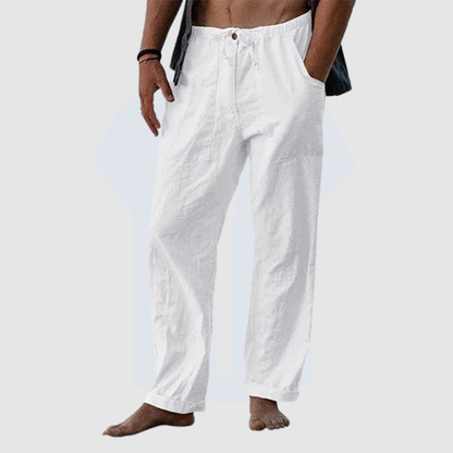 Men's summer cool pure linen wide leg pants thin pure color loose tight rope casual loose pants