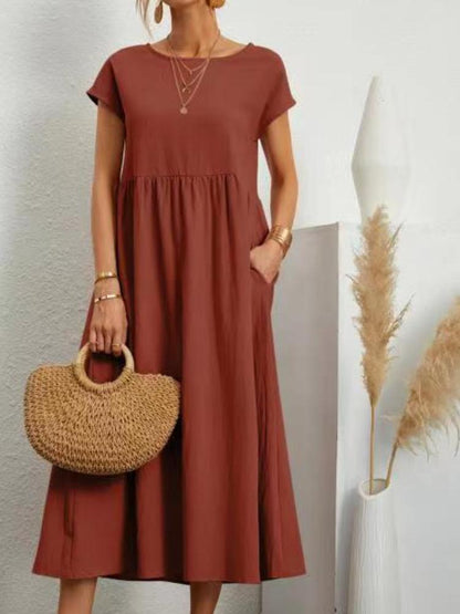 Solid Color Loose Cotton And Linen Pocket Dress