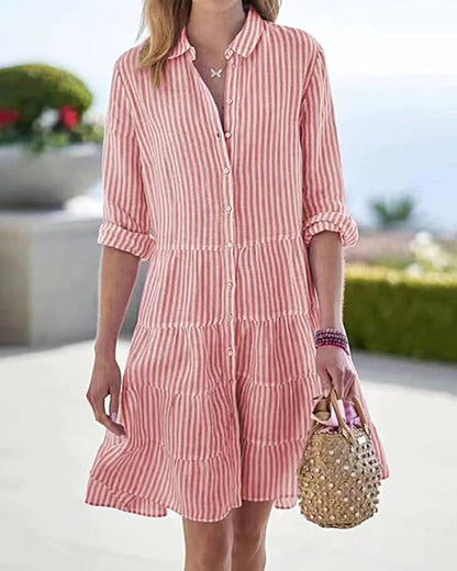 Long Sleeve Lapel Stripe Layered Panel Hem Shirt Dress